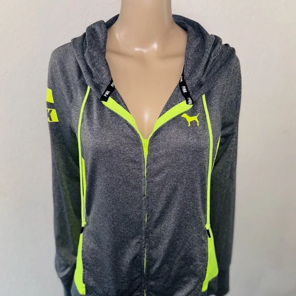 PINK VICTORIA’S SECRET ‘Ultimate’ Dark Grey & Neon Green Sporty Zip-Up Hoodie - Picture 1 of 8